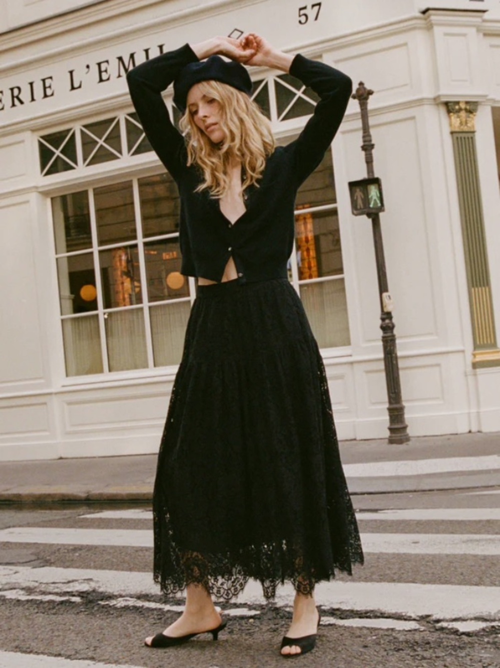 Doen Sebastiane Lace Cotton A Line Trim Tiered Midi Maxi Long Skirt Black